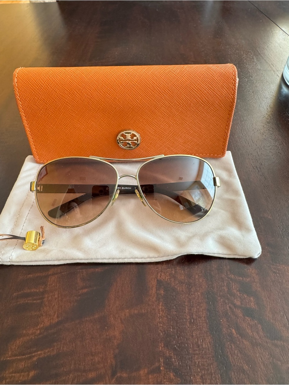 Tory Burch Gold-Tone Aviator Sunglasses with Orange Case